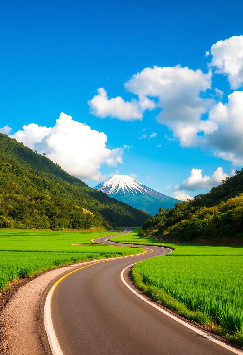 夏日綠色稻田間通往由布岳的公路