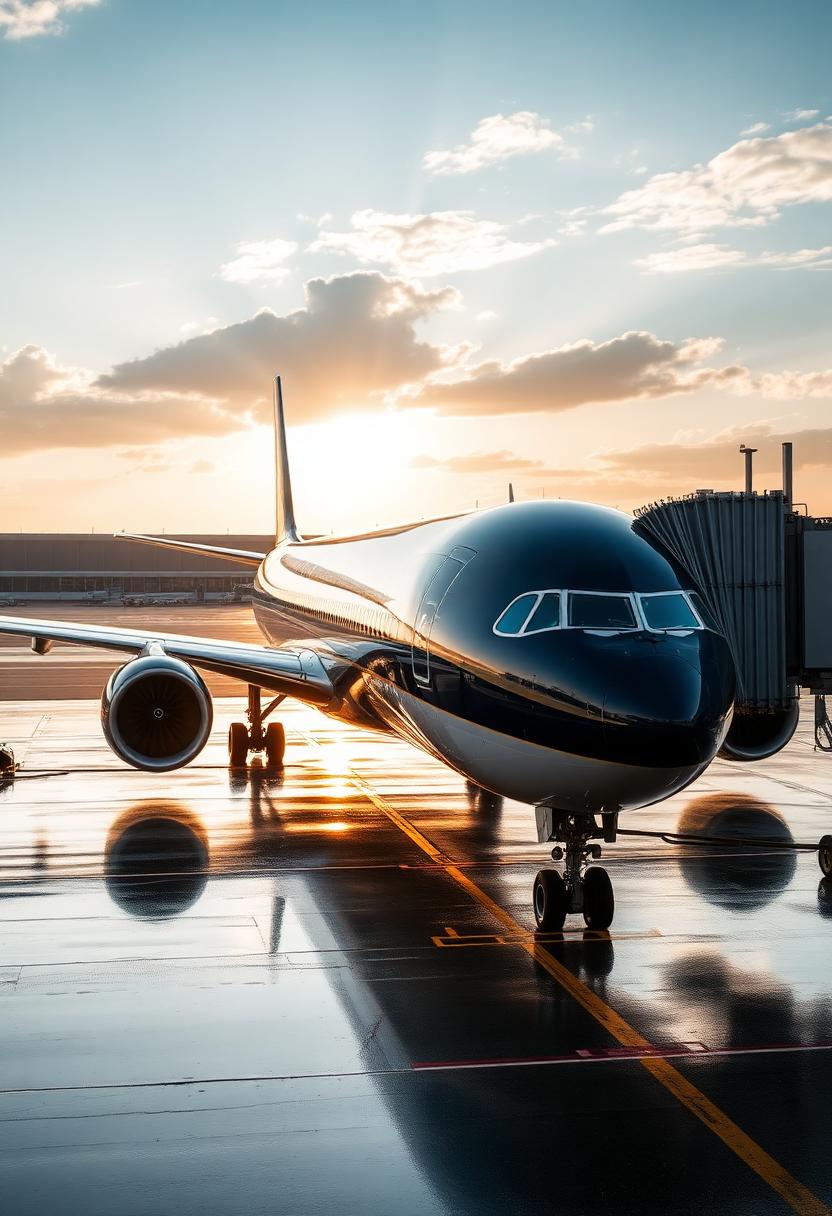 停在桃園機場空橋旁的客機與晨光