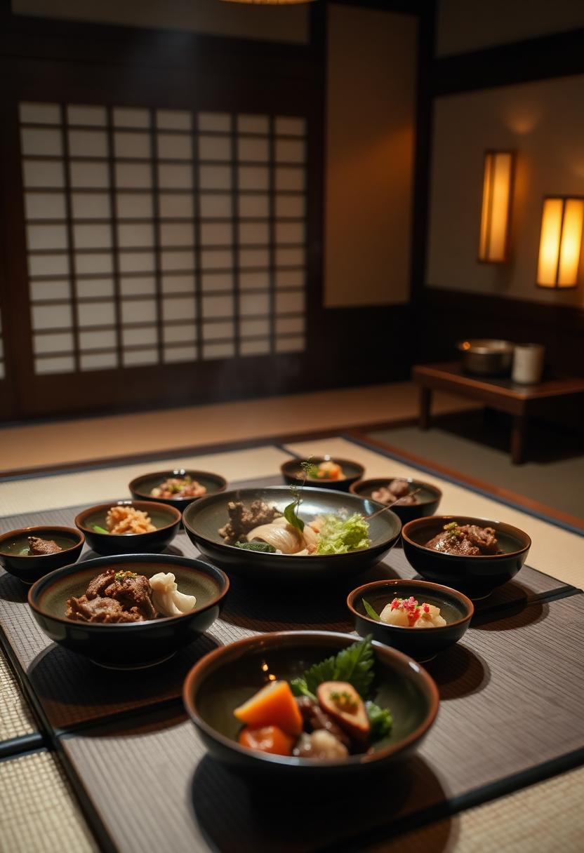 旅館個室內的日式會席料理與溫暖燈光