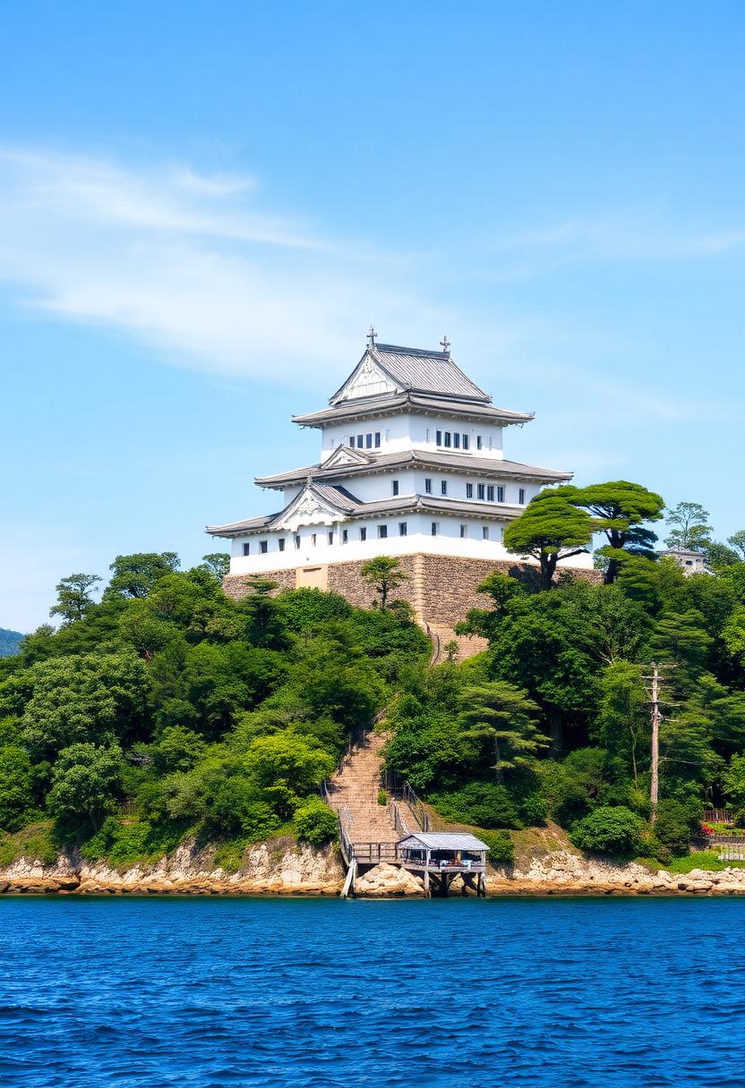 海邊小山上的唐津城天守閣與夏日藍天