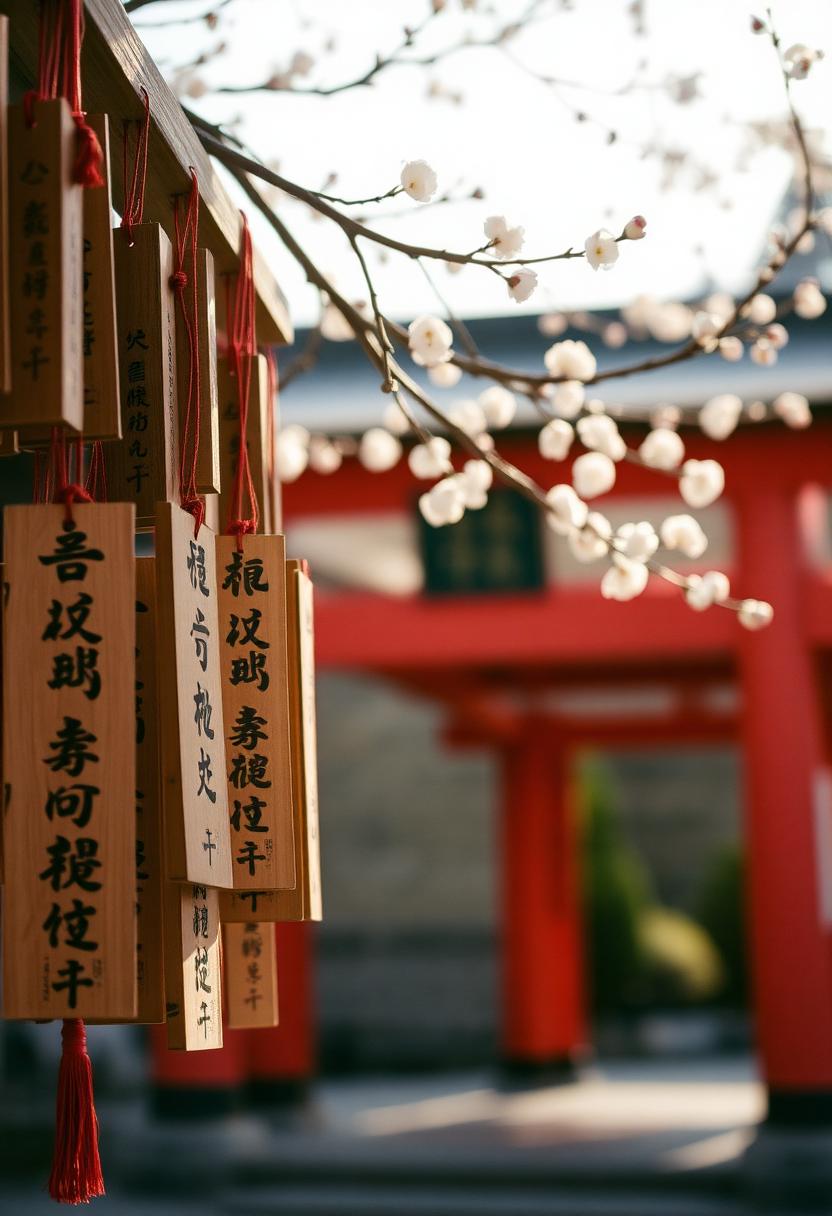 太宰府天滿宮的木製繪馬與梅花枝、朱紅鳥居