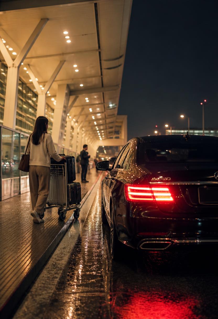 夜晚桃園機場航廈外的黑色禮賓車與行李