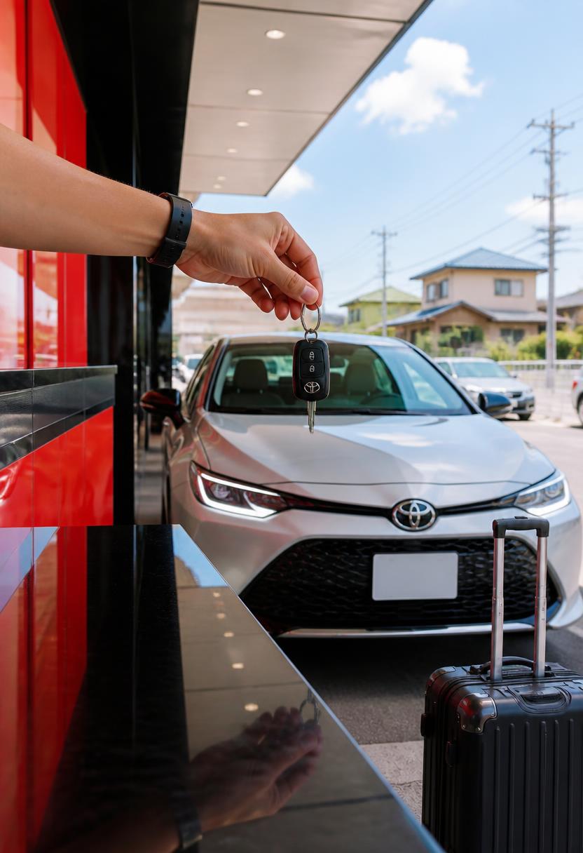 門市前的租賃車、車鑰匙與行李箱
